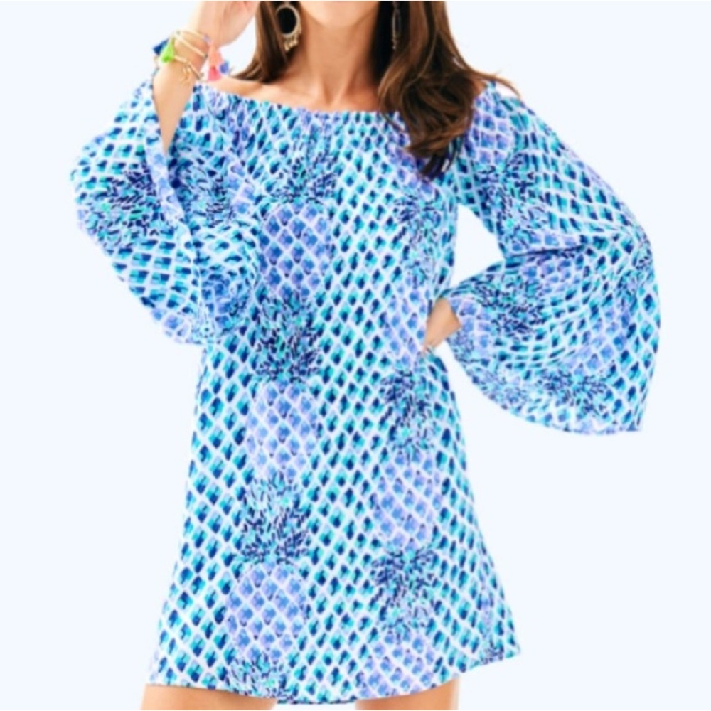 Lilly Pulitzer Blue Off the Shoulder Long Sleeve Dress